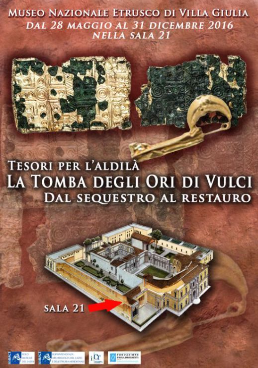 Il manifesto della mostra “Tesori per l'Aldilà. La Tomba degli Ori di Vulci. Dal sequestro al restauro” al museo nazionale Etrusco di Villa Giulia a Roma